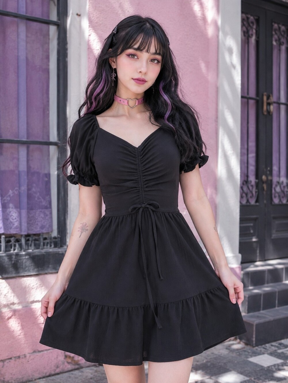 Black Puff-Sleeve Mini Dress with Tie Waist